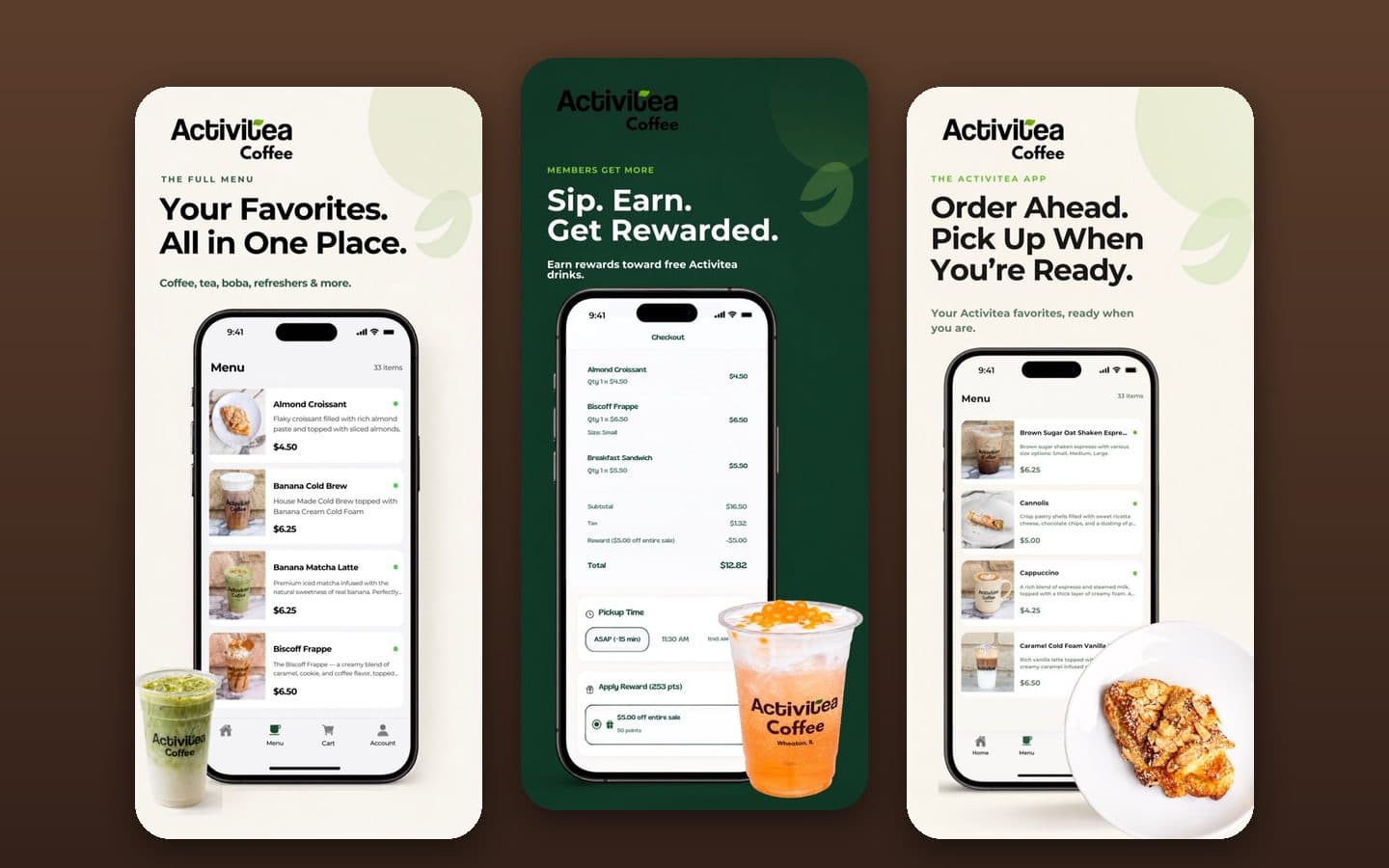 Three screens of the Activitea Coffee iOS app: menu, rewards and ordering ahead