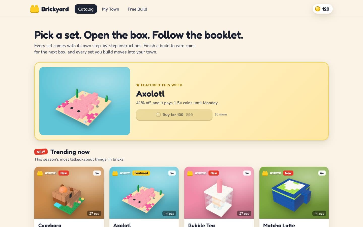The catalog with a featured set and a shelf of trending sets