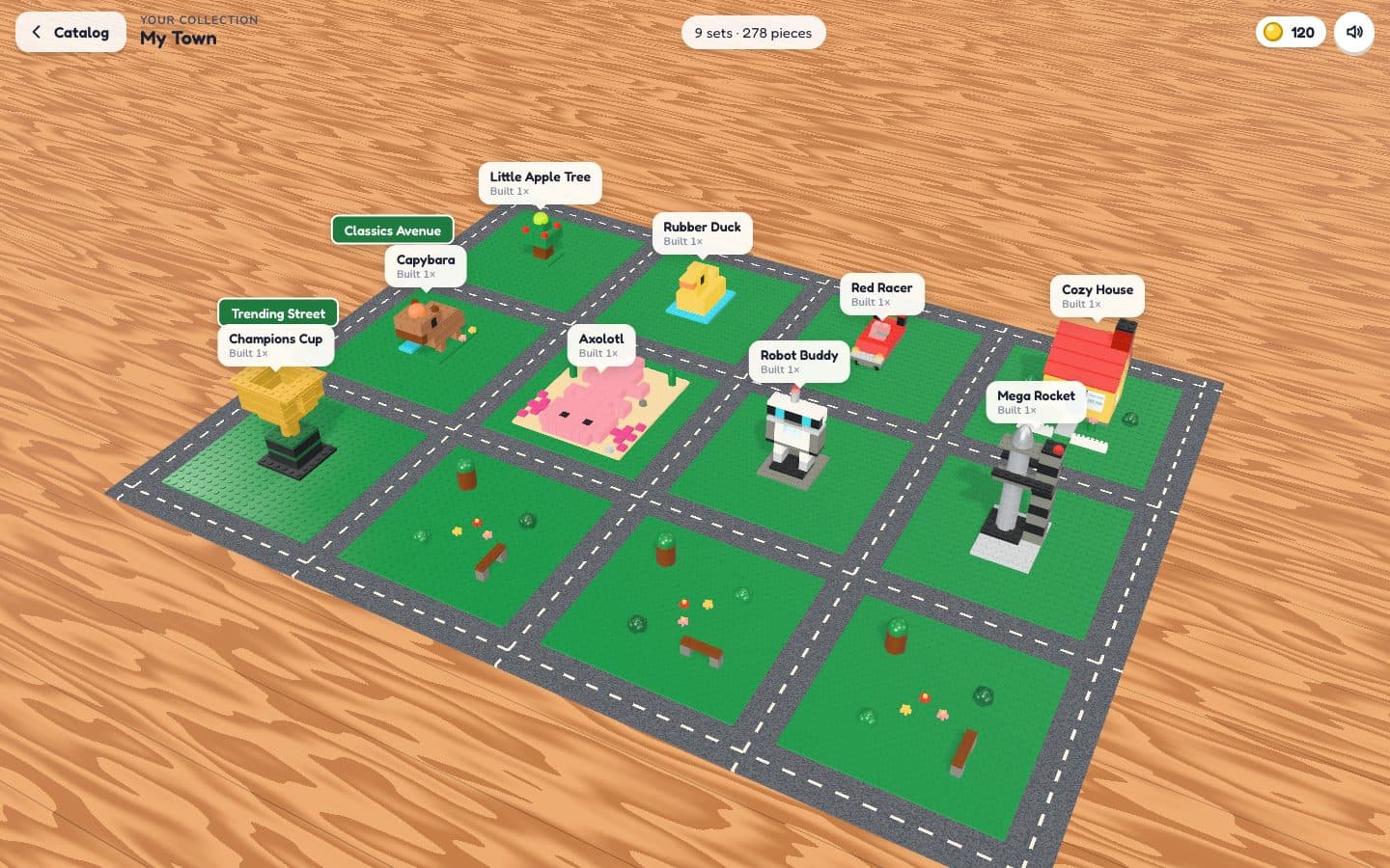 A town of finished sets on green lots with roads and street signs