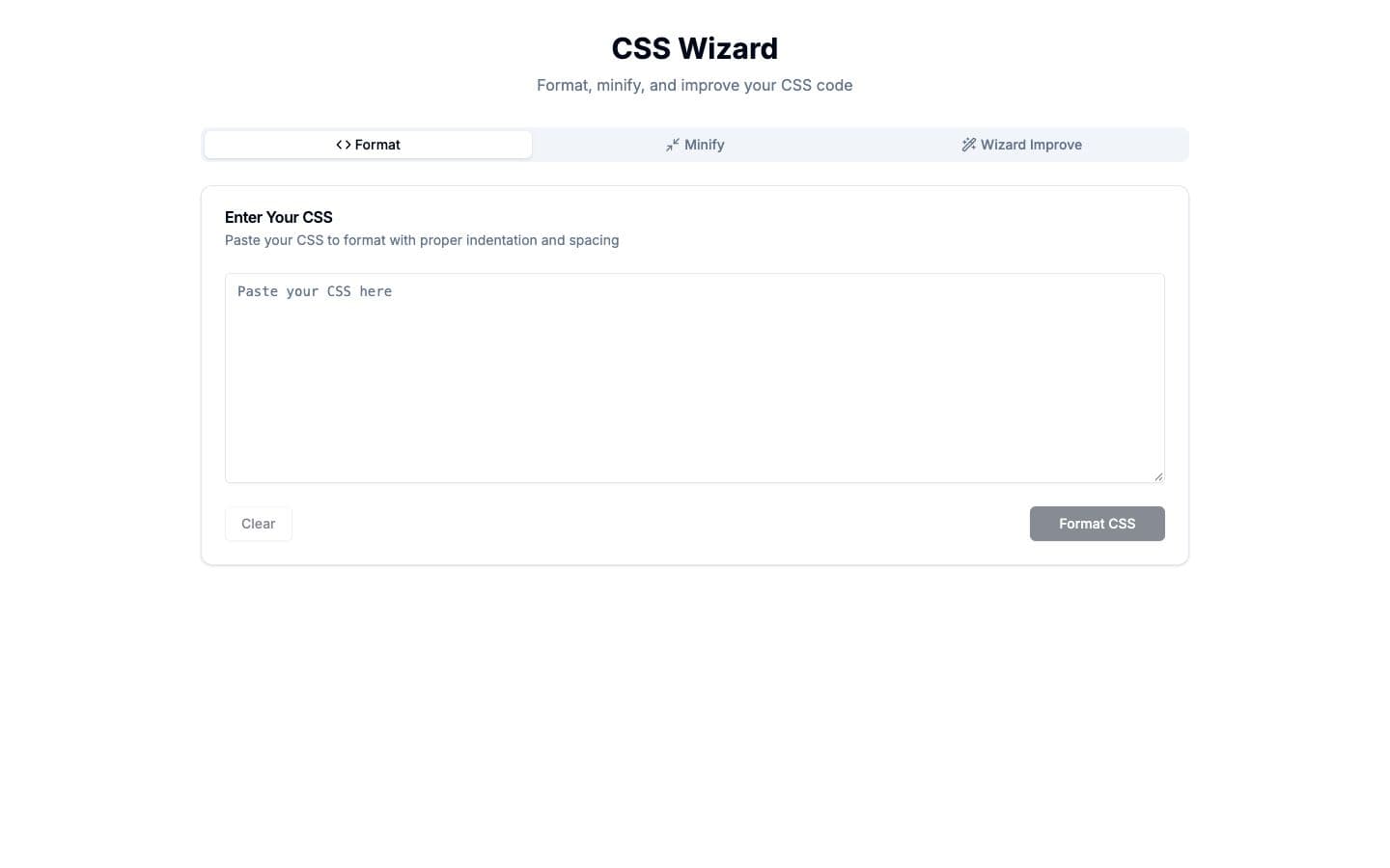 CSS Wizard: paste CSS to format, minify or improve it