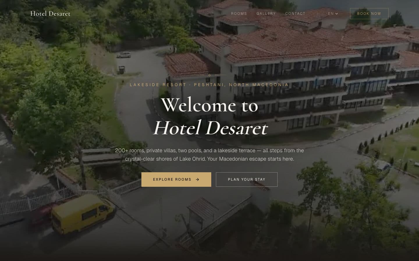 Hotel Desaret website: a lakeside hotel on Lake Ohrid with a booking call to action