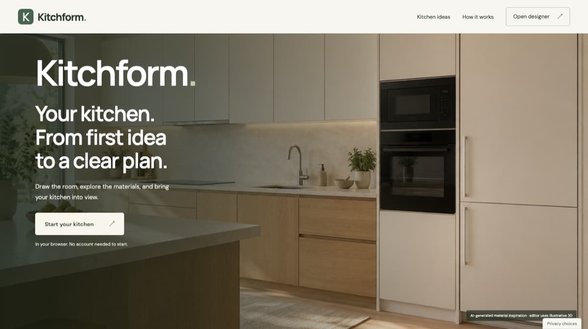 Kitchform homepage with a warm kitchen illustration and a call to start designing