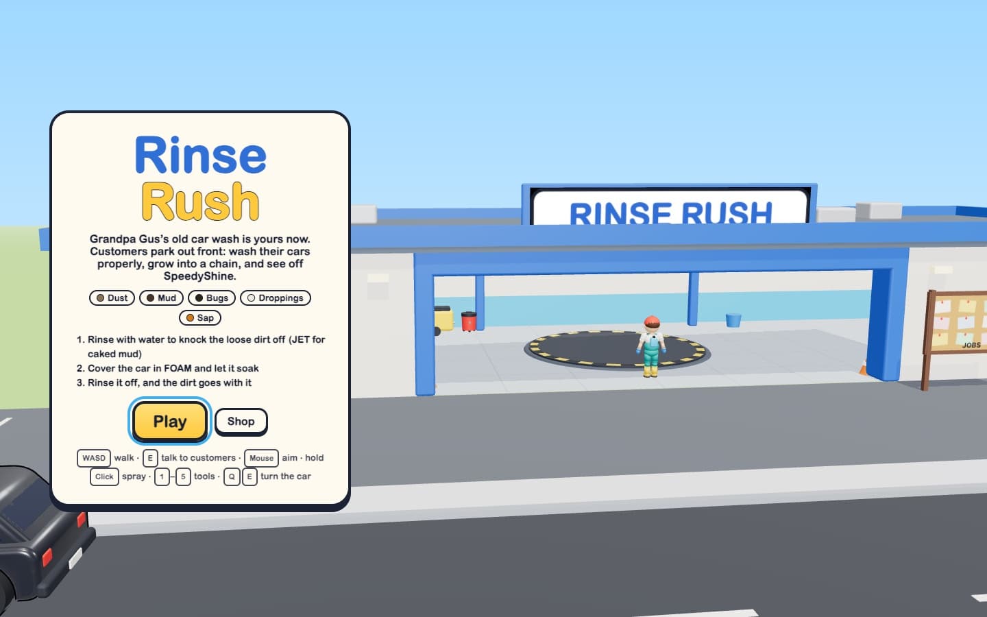Rinse Rush: the blue car-wash garage with a washer, turntable and game menu
