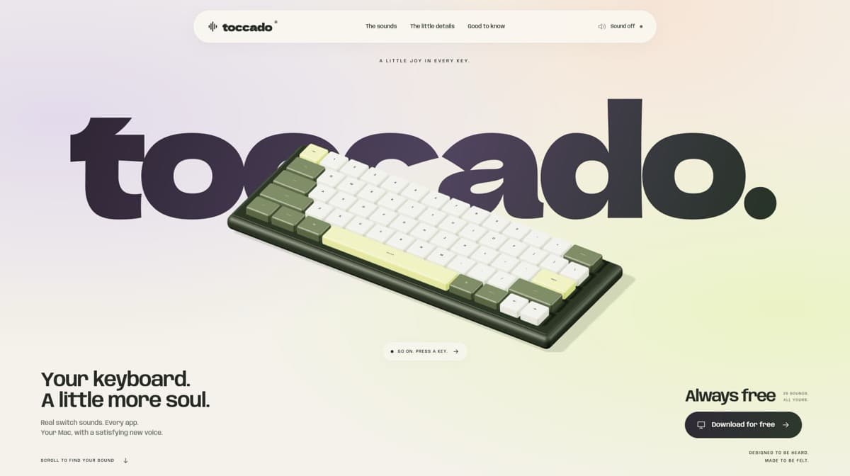 Toccado website with a playable 3D keyboard, oversized wordmark, and always-free Mac download